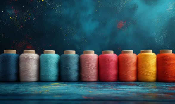 Creative background from spools of multi-colored threads. Selective soft focus.