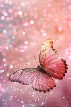 Pink background with glittering butterfly, copy space. Women's Day. It's a girl backdrop with empty space. Baby shower or birthday invitation, party. Baby girl birth announcement. Generative AI