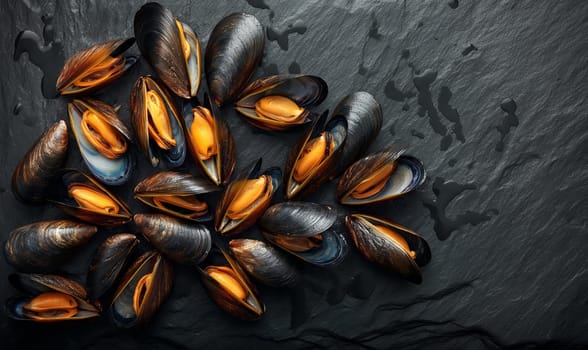 Mussels on a dark background top view. Selective soft focus.