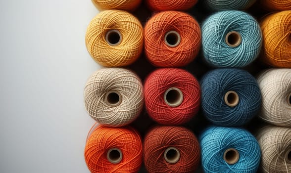 Spools of multi-colored threads on a white background. Selective soft focus.