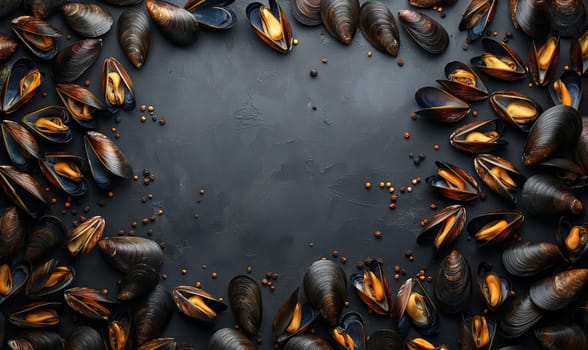 Mussels on a dark background top view. Selective soft focus.