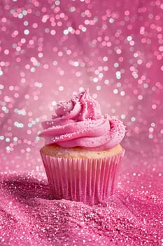 Pink vertical background with glittering cupcake, copy space. Womens Day. It's a girl backdrop with empty space. Baby shower or birthday invitation, party. Baby girl birth announcement. Generative AI