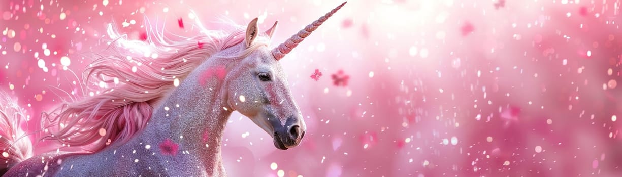 Pink glittering background with unicorn, copy space. Women's Day. It's a girl backdrop with empty space. Baby shower or birthday invitation, party. Baby girl birth announcement. Generative AI