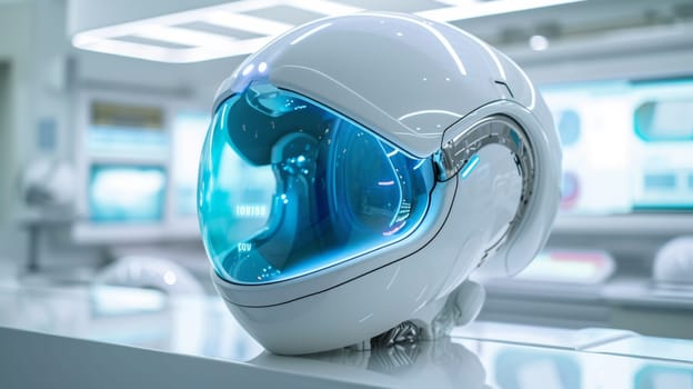 A futuristic helmet with blue lights on the front of it