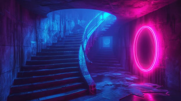 A stairway with a neon light and circular door in the middle