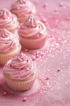 Pink vertical background with glittering cupcakes, copy space. Womens Day. Its a girl backdrop with empty space. Baby shower or birthday invitation, party. Baby girl birth announcement. Generative AI