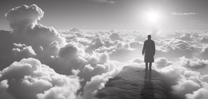 A man standing on top of a mountain looking out over the clouds