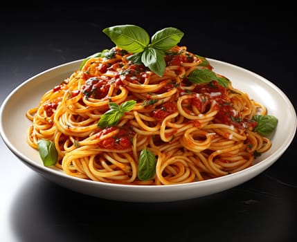 Plate of spaghetti with sauce on a dark background. Selective soft focus.