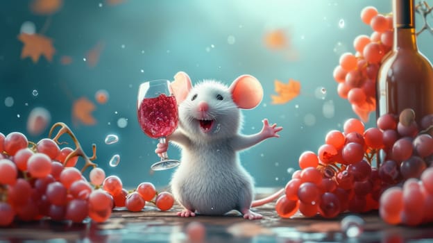 A mouse holding a glass of wine and grapes next to some grape clusters