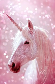 Pink glittering background with unicorn, copy space. Women's Day. It's a girl backdrop with empty space. Baby shower or birthday invitation, party. Baby girl birth announcement. Generative AI