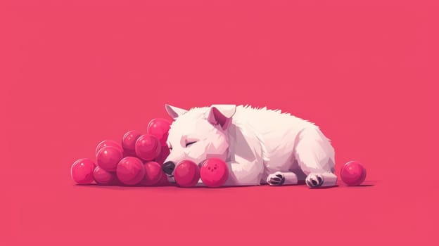 A white dog sleeping on a pile of red apples