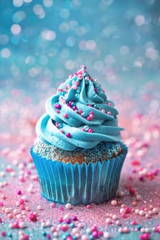 Vibrant blue cupcake sprinkled with colorful beads, perfect for baby shower invites, birthday cards, bakery ads, and celebration themes, with a dreamy bokeh background. Girl or boy. Generative AI