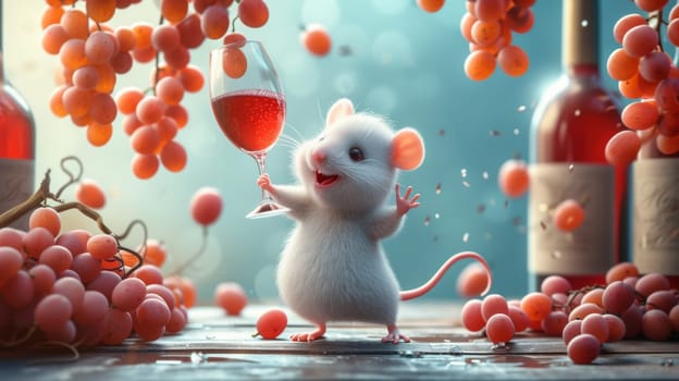 A mouse holding a glass of wine in front of grapes