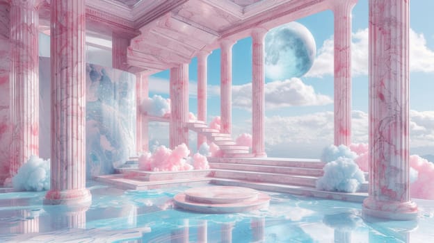 A pink and white room with pillars, stairs and a full moon