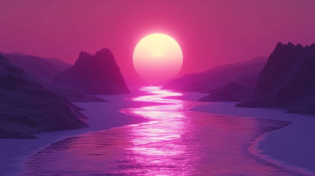 A sunset over a river with mountains in the background