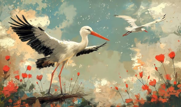 Illustration of a stork on a natural background. Selective soft focus.