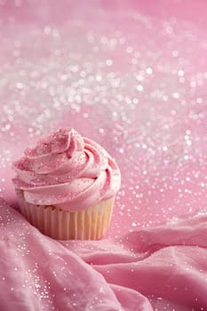 Pink vertical background with glittering cupcake, copy space. Womens Day. It's a girl backdrop with empty space. Baby shower or birthday invitation, party. Baby girl birth announcement. Generative AI