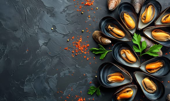 Mussels on a dark background top view. Selective soft focus.