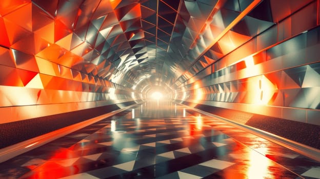 A tunnel with a checkered floor and geometric shapes on the walls