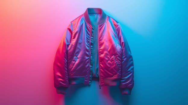 A jacket hanging on a wall in front of an abstract background