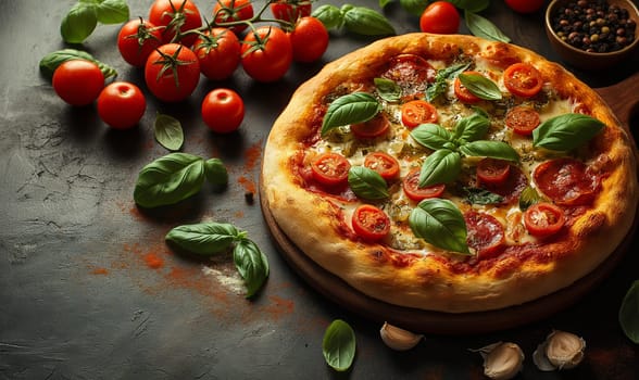 Appetizing pizza with sausage on the table. Selective soft focus.