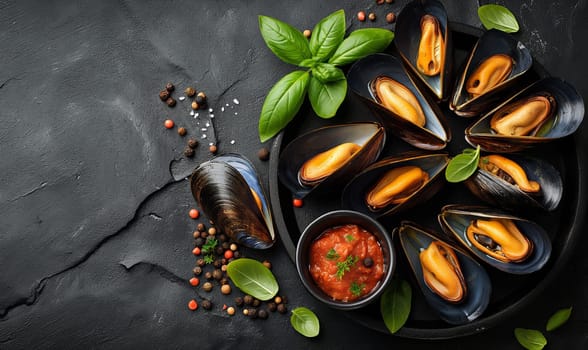 Mussels on a dark background top view. Selective soft focus.