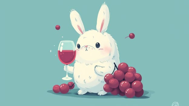 A rabbit holding a glass of wine and some grapes