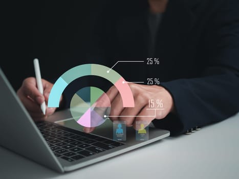 Business people use computers to analyze business and manage corporate data, business analytics with charts, metrics and KPIs to improve organizational performance, marketing, financial organization strategy.