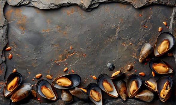 Mussels on a dark background top view. Selective soft focus.