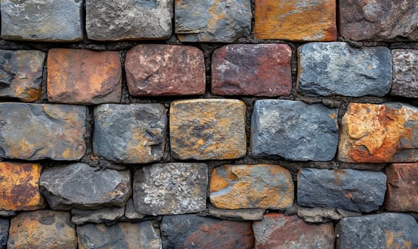 Creative background of an old wall made of colored bricks. Selective soft focus.