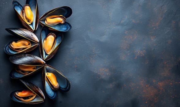 Mussels on a dark background top view. Selective soft focus.