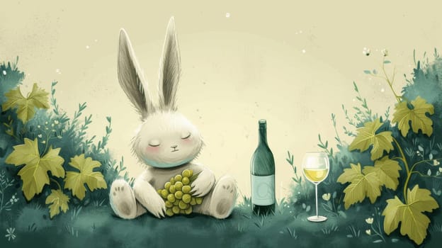 A rabbit holding a bottle of wine and grapes next to some vines