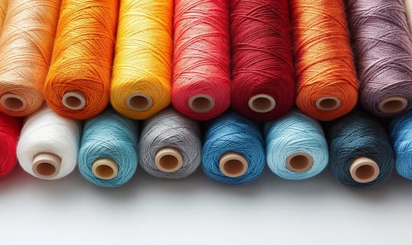 Spools of multi-colored threads on a white background. Selective soft focus.