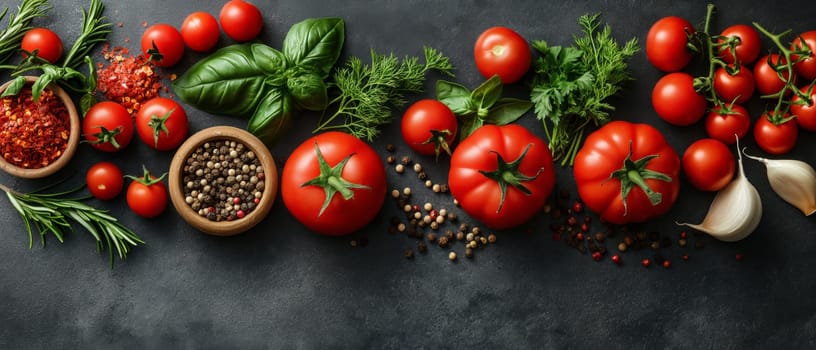 Tomatoes and basil on a dark background. Selective soft focus