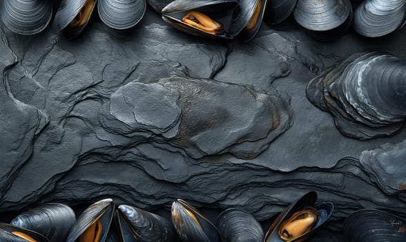 Mussels on a dark background top view. Selective soft focus.