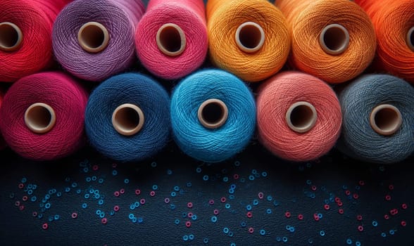 Creative background from spools of multi-colored threads. Selective soft focus.