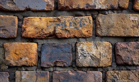 Creative background of an old wall made of colored bricks. Selective soft focus.