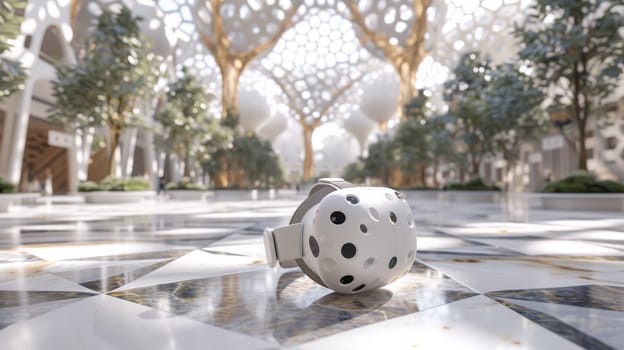 A white and black ball sitting on a tiled floor