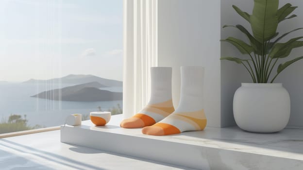 A pair of orange and white socks sitting on a ledge