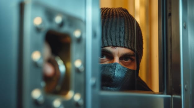 A man in a mask and scarf peeking out of the door