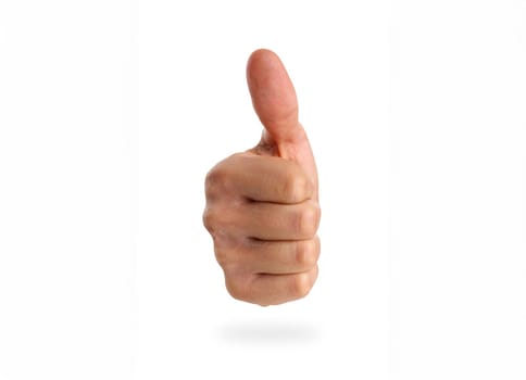 Male arm showing OK or confirm sign with thumb up closeup isolated on white background. High level and quality adviser offer and happy client