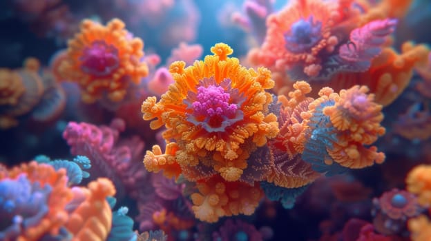 A close up of a colorful coral reef with many different colors