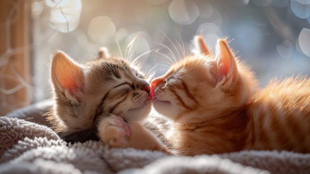 Two kittens are kissing each other on a blanket