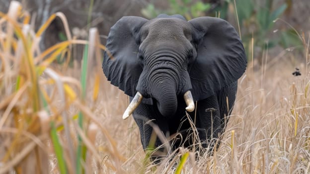 An elephant with tusks walking through tall grass in the wild