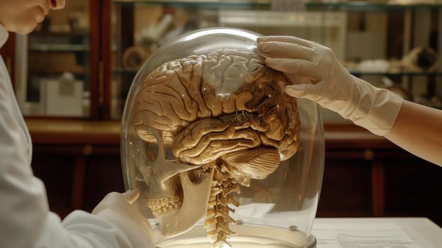A person in white gloves holding a human brain inside of a glass jar