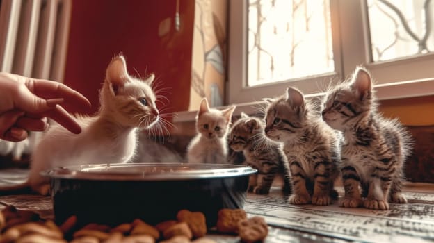 A group of kittens are looking at a bowl with food in it