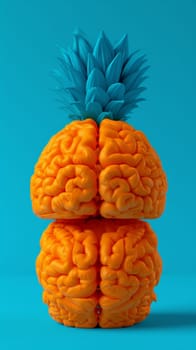 Two orange and blue brains with a pineapple in the middle