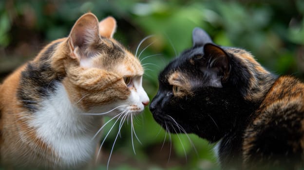 Two cats face to face in a forest setting