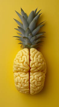 A pineapple with a brain inside of it on yellow background