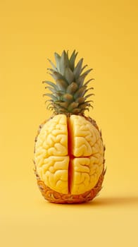 A pineapple with a brain cut out of it on yellow background